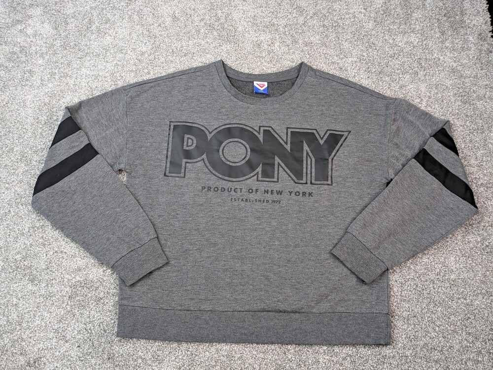 Vtg PONY Sweatshirt Womens L Gray Rayon Spellout Logo Ringer Sweater